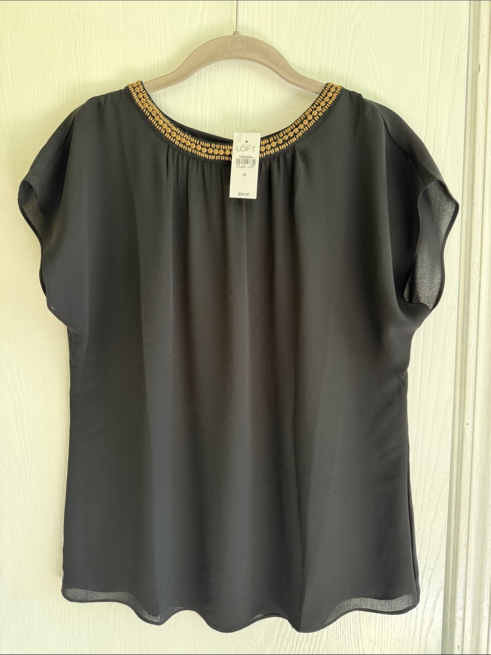 LOFT Black Top with Gold Beaded Neckline and Flutter Sleeves